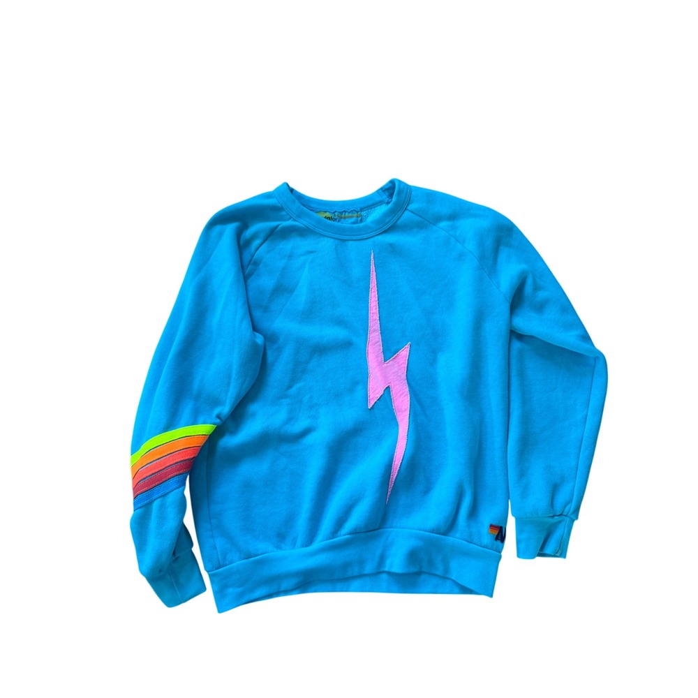 Aviator Nation Blue Lightning Bolt Rainbow Stripe Sweatshirt Small Retro Surf